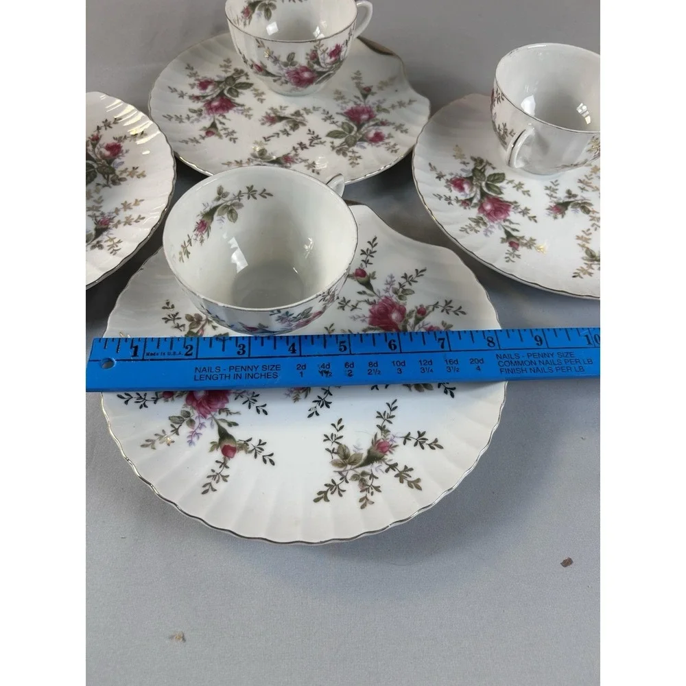 Vintage Japan Tea Cup Saucer Set 4 Floral Gold Trim Scalloped‎ Plates